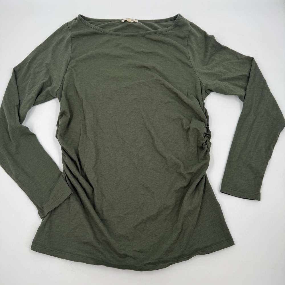 Madewell Long Sleeve Top Womens XL Olive Green Side Ruched Boat Neck Slub Cotton